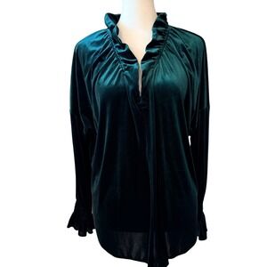 FINLEY Holiday Party Emerald Green Velvet Ruffle Neck & Cuffs Blouse Size XS